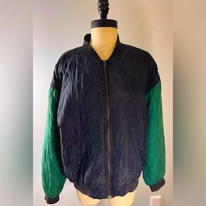 Vintage Bomber Jacket 90s Green & Black Quilted Silk Retro Size M